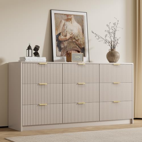 Image of Furniway 9 Drawer Dresser for Bedroom, 63 inch Wide Dresser with Gold Handles, Modern Wood Chest of Drawers Storage Cabinet, Fluted Long Dresser for Bedroom, Living Room, Hallway, Beige