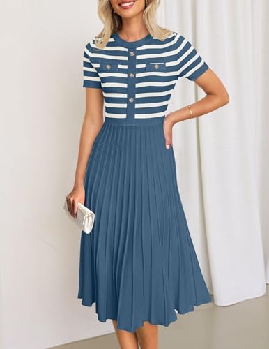 Women's Striped Knit Ribbed Wear to Work Dress, Short Sleeve Pleated A-Line Business Dress 20252
