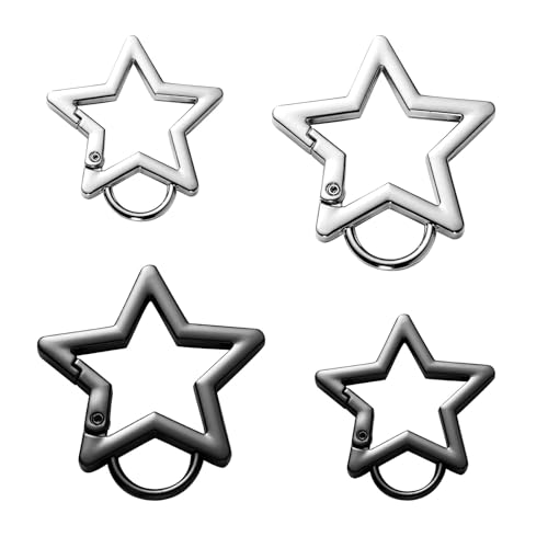 4pcs Star Carabiner, 1.61in & 1.26in Zinc Alloy Cool Cute Star Carabiner Clip Fashionable Pentagram Carabiner Star Shaped Carabiner Keychain for Keys Ring Camping Outdoor Travel(Black, Silver)