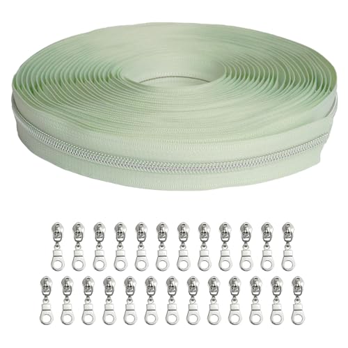 Zynzaoacs #5 Zipper by The Yard with Pulls, Continuous Mint Green Tape (10Yds) and Rust-Proof Silver Pulls (25Pcs), Bulk Zippers for Sewing Bags and Purses, Cuttable Nylon Zipper Roll