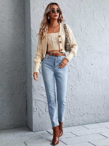 Romwe Women's Loose Long Sleeve Knit Button Down Cardigan Sweaters 2 Pieces Sweatshirt Pullove Crop Top Sets Apricot Large #TOP4