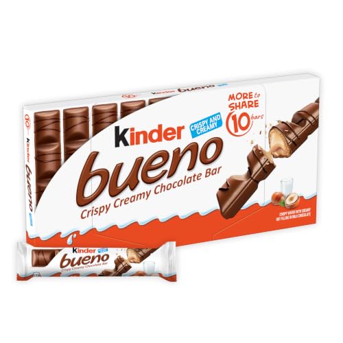 Kinder Bueno Milk Chocolate Bar with Crispy Wafer and Hazelnut Cream, 10 Individually Wrapped Bars...