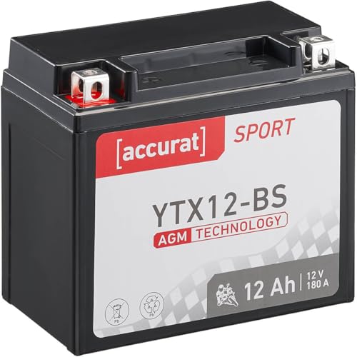 Accurat Motorradbatterie YTX12-BS - 12V, 12Ah, 180A, rüttelfest, wartungsfrei - Starterbatterie, AGM Batterie in Erstausrüsterqualität für Rasentraktor, Roller, Motorrad, Quad