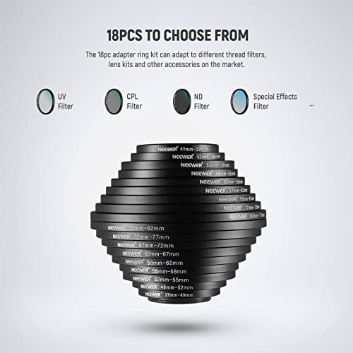 Image of Neewer 18 Pieces Metal Camera Lens Filter Adapter Ring Kit 9 Pieces Step Up Ring+9 Pieces Step Down Ring Set Compatible with Canon Nikon Sony Olympus DSLR Camera (Black)