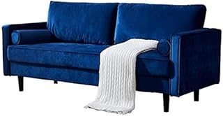 Mid-Century Modern Velvet Fabric Bench Sectional Couch Sofa, 79" W (Blue)