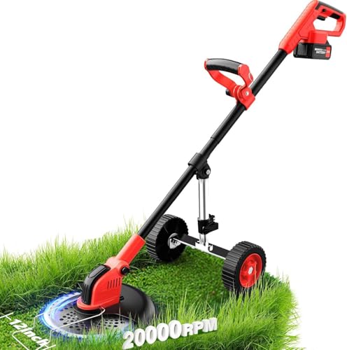 12-Inch Electric Weed Wacker, Lmozim 21V Battery Powered Weed Eater, Cordless Lawn Mower, 3 Types Blades & Detachable Wheels, 6000mAh Retractable Brush Cutter Grass Trimmer for Garden Yard