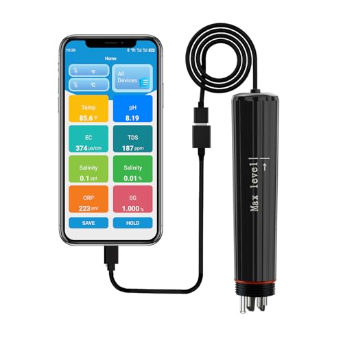 Kactoily 7-in-1 Smart Bluetooth Water Tester, Portable Digital pH/TDS/EC/ORP/Temperature/Salt/SG Meter with App Alert, Ideal for Pool/Aquarium/Hydroponics/Pond
