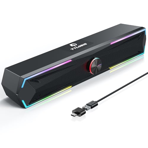 Tylubio Computer Speakers for PC Desktop, Flowing LED Under-Monitor Soundbar with Clear Stereo Sound, Bluetooth & USB 2-in-1 Audio Input, PC Speaker for Monitor Laptop, Black