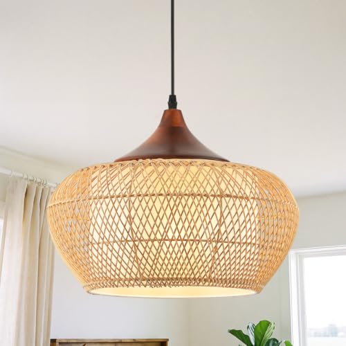 Karjearl Rattan Pendant Light Fixture, 15.7" Boho Hand-Woven Wicker Hanging Lighting with Solid Wood, Coastal Basket Chandelier for Dining Room, Kitchen Island, Bedroom, 1-Light, Hardwire, E26 Base