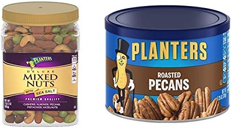 PLANTERS Deluxe Salted Mixed Nuts, 34 oz. Resealable Canister & Hazelnuts Seasoned with Sea Salt & Roasted Pecans, 7.25 oz. Resealable Canister - Salted Pecans - Vegan Snacks, Kosher
