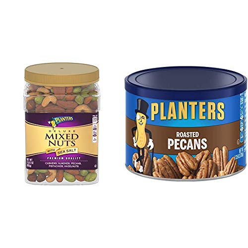 Planters Deluxe Salted Mixed Nuts, 34 Oz. Resealable Canister & Hazelnuts Seasoned With Sea Salt & Roasted Pecans, 7.25 Oz. Resealable Canister - Salted Pecans - Vegan Snacks, Kosher #TOP21