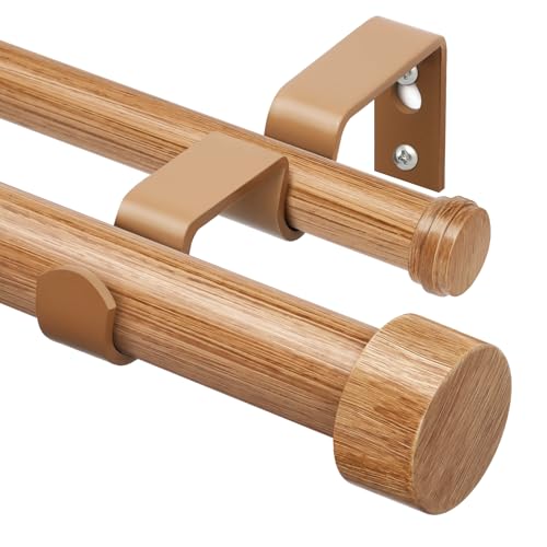 KAMANINA Wood Double Curtain Rod for Windows 66 to 120 Inches (5.5-10 Feet), 1 Inch Heavy Duty Long Curtain Rods for Windows, Wood Grain Telescoping Drapery Rods with End Caps