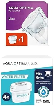 Aqua Optima Liscia Water Filter Jug & 9 Evolve+ Filter Cartridges 2.5L White - Fridge & Dishwasher Friendly, Easy Fill - Reduces Limescale, Chlorine & Other Impurities - By LAICA Packaging May Vary