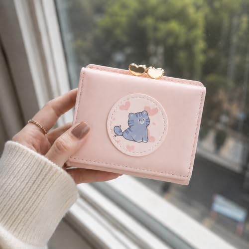 Image of Valerie Cute Small Wallets Clutch for Teen Girl Women PU Leather Trifold Small Wallet Cash Pocket 3D Buckle Card Holder Coin Purse with ID Window for Girls Women (Pink Cat)