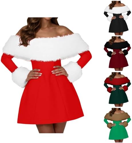 Christmas Dresses for Women Santa Costume Off Shoulder Long Sleeve A