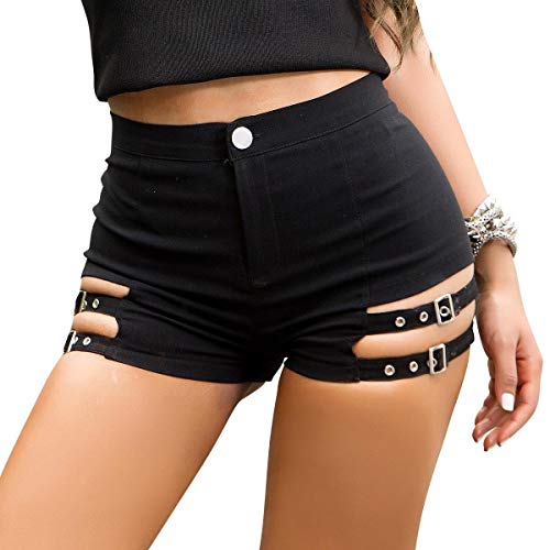 BSJIA Women s Gothic Shorts Black High Waist Stretch Sexy Denim Jean Shorts Dance Clubwear Mini Bodycon Skirt Shorts