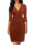 Berydress Women's Classic 3/4 Sleeve V Neck Sheath Casual Party Work Faux Wrap Dress (XL, 6083-Brown)