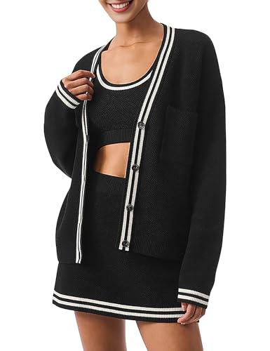 TQD Cardigan Sweaters for Women Lightweight Open Front Button Up Knit Cardigans Tops Striped Trim Sweater Jackets 2025 Trendy