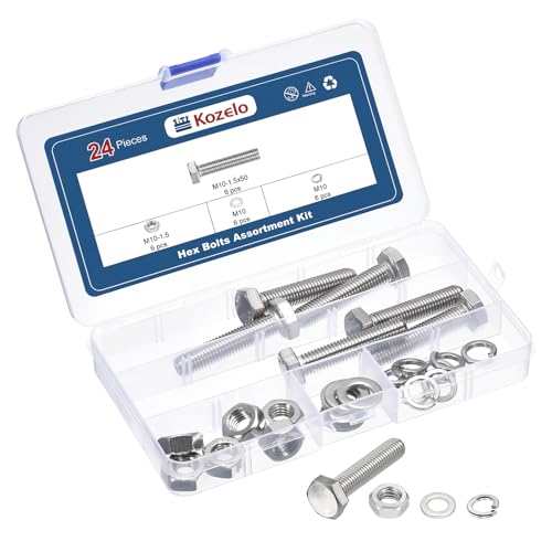 Kozelo 24Pcs Bolts and Nuts Washers Kit-M10-1.5x50 304 SS Hex Tap Bolt