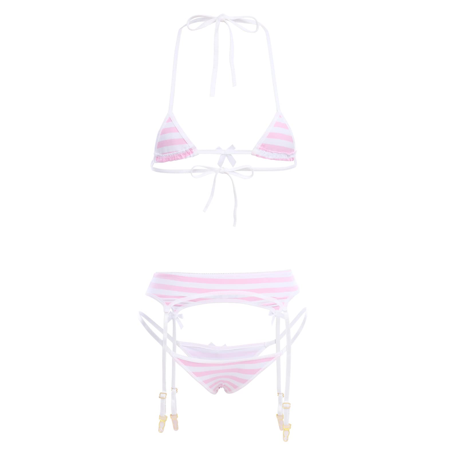 ABAFIP Women Cute Kawaii Striped Bikini Lingerie set Micro Tiny Bra G-string Panty/Garter Belt 2Pcs / 3Pcs Underwear: One Size Pink - 3pcs