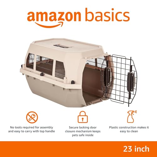 Amazon Basics Hard-Sided Dog and Cat Kennel, Single-Door Travel Pet Carrier with Metal Wire Ventilation, 23.6"L x 15.7"W x 13"H, Beige - Image 3
