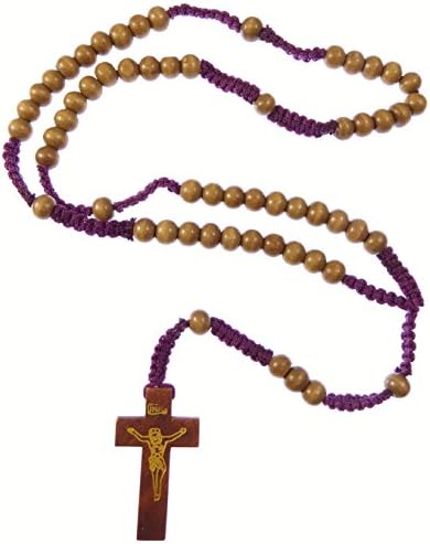 Brown Wood Rosary Beads on Purple Cord with 5 Decade Catholic Rosary