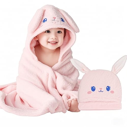 Image of Cute Animal Hooded Baby Towel Soft Coral Fleece Baby Towels with Hood Toddler Bath Towel Large 27 x 55 Inch Ultra Absorbent Hooded Bath Towels for Babies Baby Bath Towel（Pink