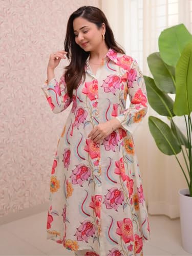 Image of Leriya Fashion Women's Cotton Printed A-Line Kurti Pant Set | Abstract Leaf & Floral Kurta with Trouser Pant | Casual Ethnic Co-ord Set for Women Stylish | Elegant Anarkali Style Tunic Kurta Set