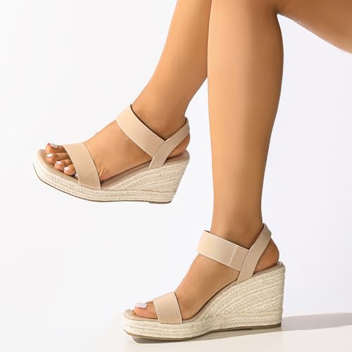 Women's Open-Toe Platform Wedge Sandals Slip-On with Elastic Ankle Strap, Dressy Comfortable Espadrilles Summer Casual Shoes4