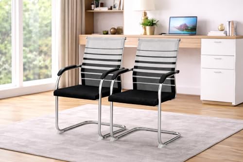 Image of TOBY Cantilever Office Visitor Chair Set of 2 | Breathable Mesh Back & Padded Seat | Conference & Reception Chairs with Armrests | Sturdy Chrome Frame, Non-Slip Feet (2 Chair)