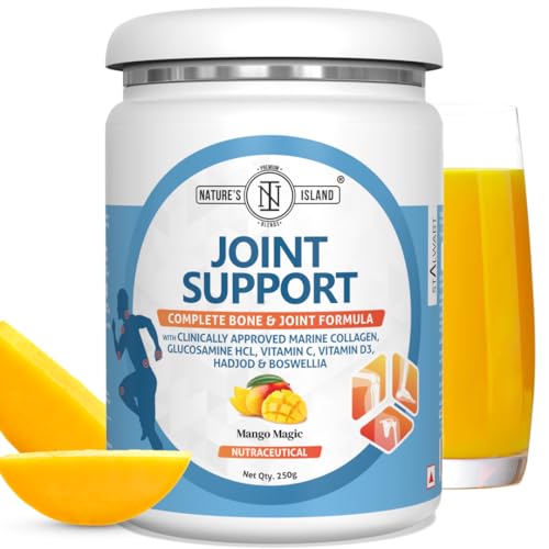 Image of Nature's Island Joint Support Supplement with Marine Collagen, Glucosamine, Boswellia, Hadjod, Vitamin D3 & C for Cartilage, Bone & Joint Wellness | 250g (Mango)