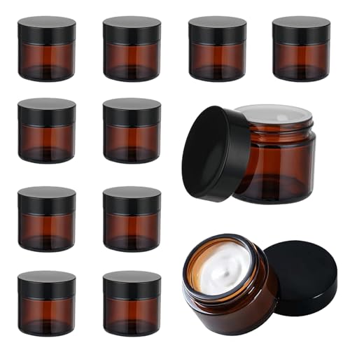 Verre Ambré Boîte Vide, 12 Pièces Cosmétiques en Verre Ambré, 10 ml Petit Pot en Verre, Avec Couvercles Noirs, Pots de Pommade, Pour Cosmétiques, Crèmes, Lotions, Huiles Essentielles(Noir)