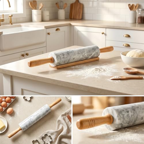 Elesinsoz 18.9" Marble Rolling Pin with BeechWood Handles & Cradle, Non Stick Stone Dough Roller for Baking, Pizza, Pasta, Cookie, Pie Crust, Dumpling, Bread Pastry Dough by Elesinsoz - Used condition - Image 7