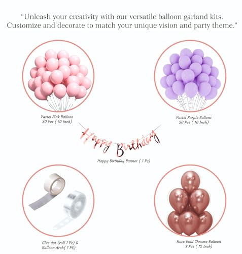 Image of Happy Birthday Balloons Decoration Kit - 71 Pcs Pastel Pink, Purple & Rose Gold Chrome Balloon Garland Set for Birthday Parties & Celebrations | Birthday Decoration Items for Kids & Girls