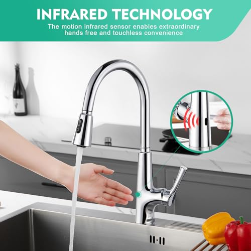 CREA Infrarot Sensor Wasserhahn Küche,Automatische Mischbatterie Küche mit 3 Modus Herausziehbarer Brause, Berührungsloser Küchenarmatur Ausziehbar, Spültischarmatur Küche mit Sensor, Chrom