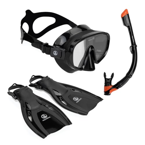 AQUASTIC Set da Snorkeling COVE 3in1 Maschera Tubo Snorkel e Pinne Colore Nero Taglia 38/42 Maschera con Vetro Temperato per Mare e Vacanze e Nuotare Snorkeling Set Impermeabilità e Comfort