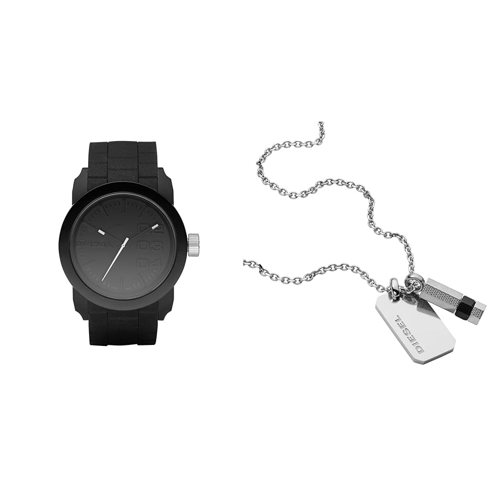 Diesel Hombre Double Down S44 Negro Silicona Reloj y Plateado Acero Inoxidable Collar, Set