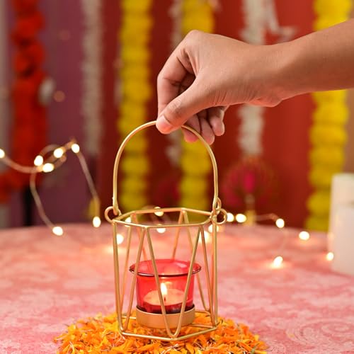 Image of MARKET 99 Iron & Glass Single T-Light Holder | Romantic Cylindrical Tealight Candle Stand for Valentine's Day Decor & Gifting | Diwali, Christmas, Birthday & Wedding Decoration | Red & Golden Matte