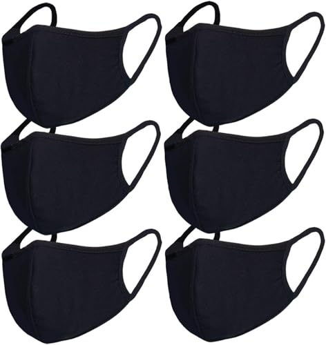 Qiyuting Paquete de 6 máscaras negras resistentes al viento y al polvo, transpirables, reutilizables, lavadas para deportes al aire libre, máscaras de algodón con cinta elástica para las orejas