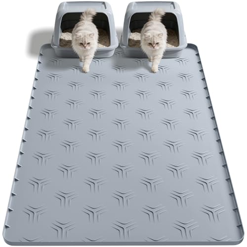 JUJOMAT Cat Litter Box Mat 3422 Waterproof Silicone Cat Litter Trapping Mat Non-Slip Gray Kitty Litter Mat for Indoor Cats Rubber Pet Food Mats with Lip Easy to Clean & Soft
