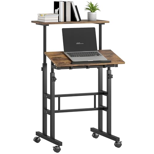 HOMCOM Schreibtisch Höhenverstellbar Küchentisch mit Regal, Rollen, Computertisch Arbeitstisch Laptoptisch Büroregal Rustikal Braun 60 x 60 x 70,5-120 cm