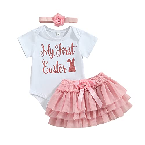 Image of WALLARENEAR Newborn Infant Baby Girl Easter Outfit My 1st Easter Short Sleeve Romper Bodysuit and Tulle Tutu Skirt 0-18M