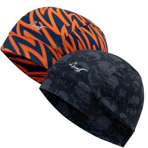 OTTERSHELL Single Pack and 2-Pack Breathable Mesh Skull Cap Lightweight Quick Dry Sports Helmet Liner for Men Women Cooling Cycling Beanies (Blue - Skull + Orange Fire)