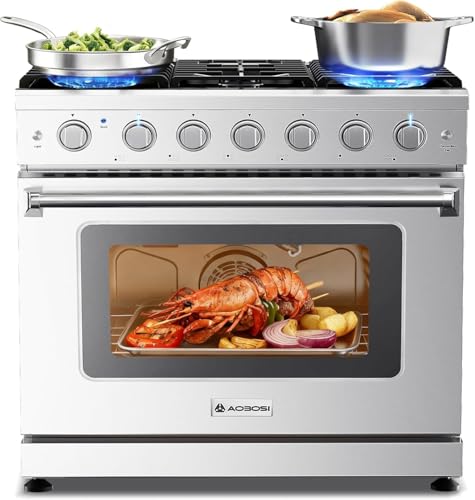 AAOBOSI Upgrade 36 Inch Front Control Gas Range Oven with 6 Cooktop Burners, 6 Cu. Ft 18000 BTU Convection and Self Clean, Freestanding Heavy Duty Gas Range Stove with Halogen Light,Large Capacity