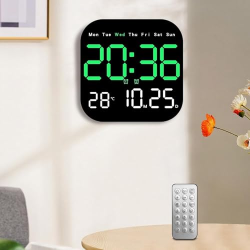 Image of 15-Inch Digital Wall Clock with Large LED Display - Remote Control, Auto-Dimming, Night Light, Date, Day, Temperature, DST Function - Ideal for Living Room, Bedroom (Square 9 inch Green)