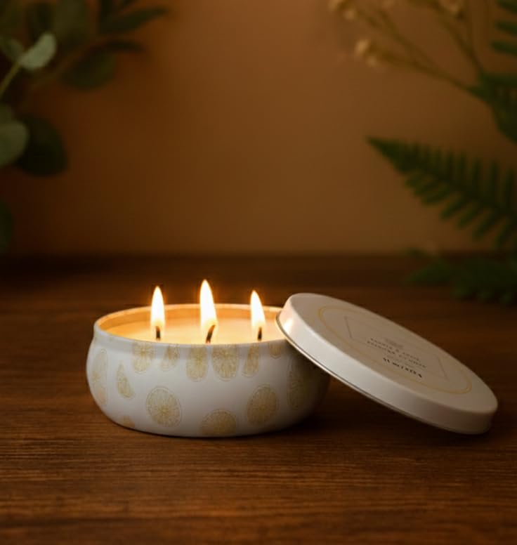Image of Grapefruit & Honey Scented Multi-Wick Tin Candle | Reusable Printed Tin Container - 5 x 2 inch | 16 Hour Burn Time | Lead-Free Wicks | Home Decor & Gifting
