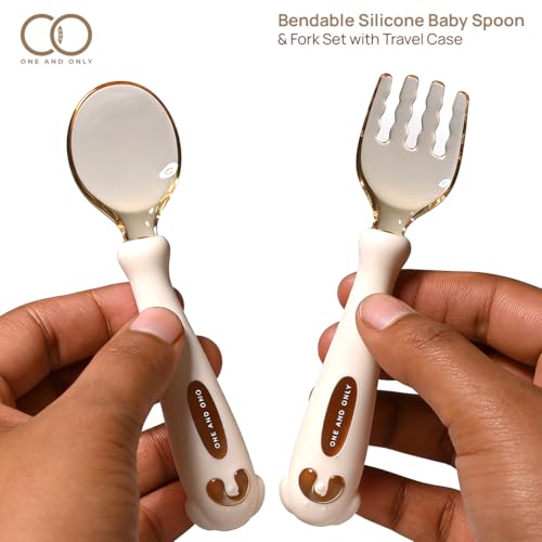 Image of Baby Spoon and Fork Set, White Silicone Toddler Cutlery Set with Easy Grip, 2 Pc, Self Feeding Utensils for Baby Meals School and Travel, Mealtime Essential. Easy to Carry for Home, School