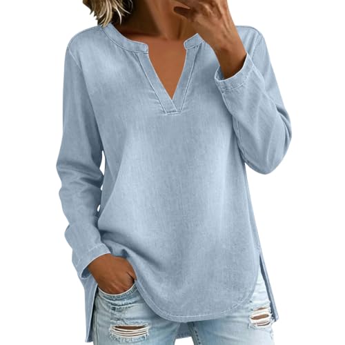 Fall Tops 2025 Denim Tops for Women - V Neck Long Sleeve Oversized Casual Shirt Blouse Capsule Wardrobe for Older Women Womens Country Outfits