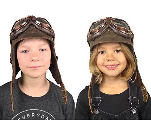 Kids Aviator Hat with Goggles, Real Brown Leather, Children's Pilot Flying Cap/Helmet (XXSmall, Hat + Goggles A)2