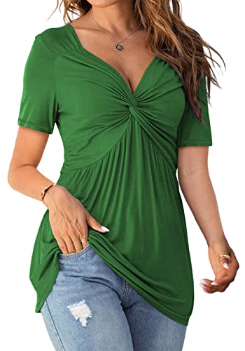 Image of Tankaneo Womens Front Knotted V-Neck Blouse T Shirt Short Sleeve Oversized Tunic Tops Summer Solid Pullover Tees